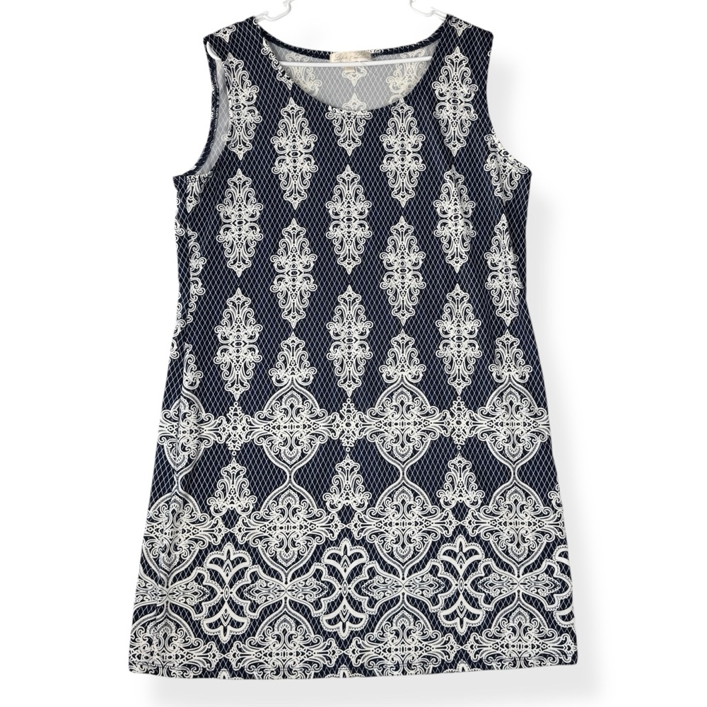Lapis and Lillies Dress Womens XL‎ Dark Blue White Floral Textured Sleeveless